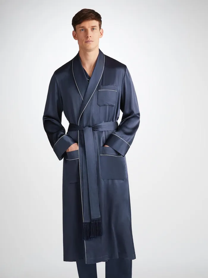 Derek Rose Robe Bailey Silk Satin Navy Men Silk Robes