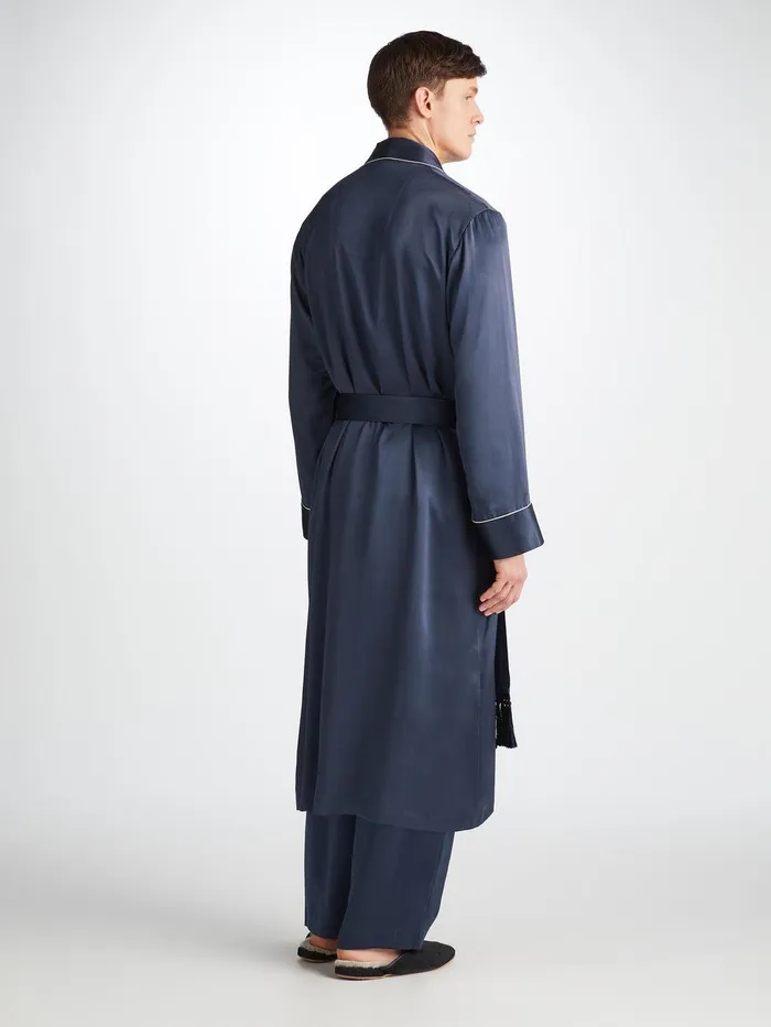 Derek Rose Robe Bailey Silk Satin Navy Men Silk Robes