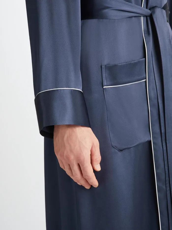 Derek Rose Robe Bailey Silk Satin Navy Men Silk Robes