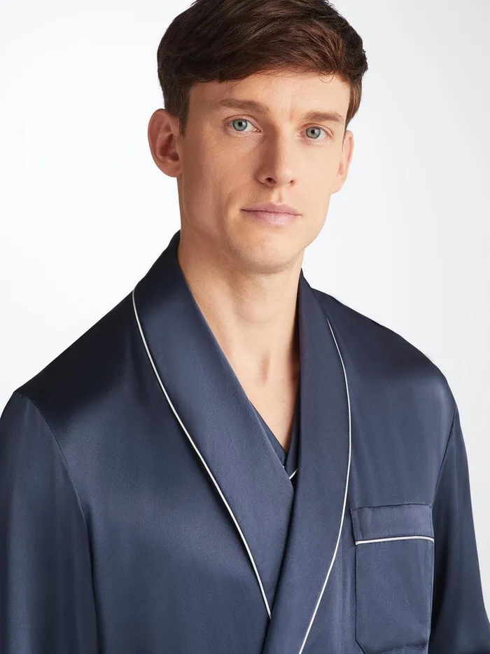 Derek Rose Robe Bailey Silk Satin Navy Men Silk Robes