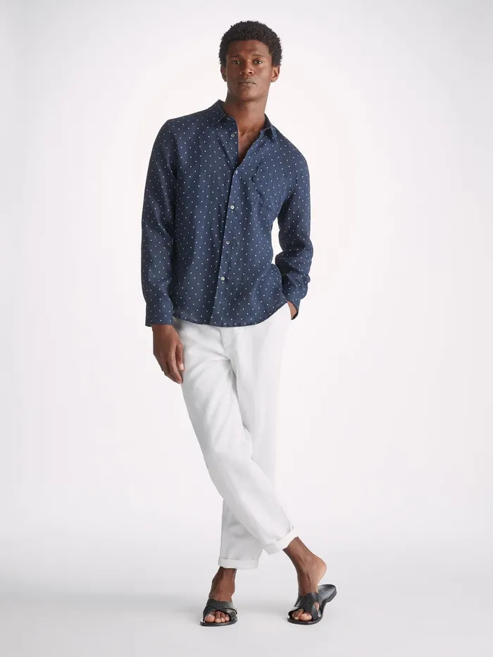 Derek Rose Shirt Milan 22 Linen Navy Men Casual Shirts