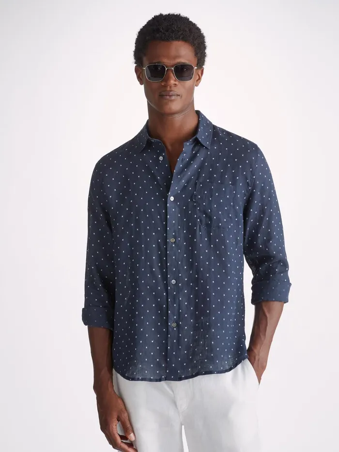 Derek Rose Shirt Milan 22 Linen Navy Men Casual Shirts