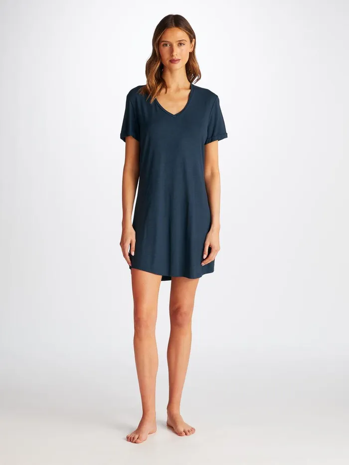 Derek Rose VNeck Sleep TShirt Lara Micro Modal Stretch Navy Women Sleep TShirts