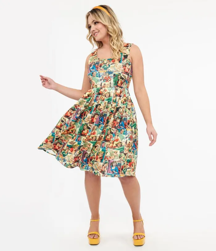Dolly and Dotty 1950s Comic Book Print Amanda Swing Dress DressesPlus Unique Vintage Pocket Dresses