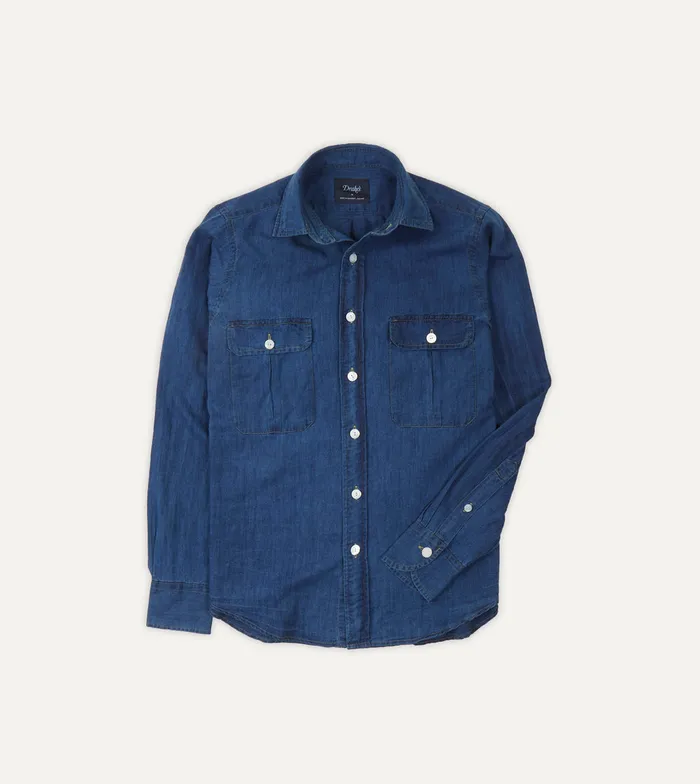 Drake039s Blue Cotton Linen TwoPocket Work Shirt Men Work Shirts
