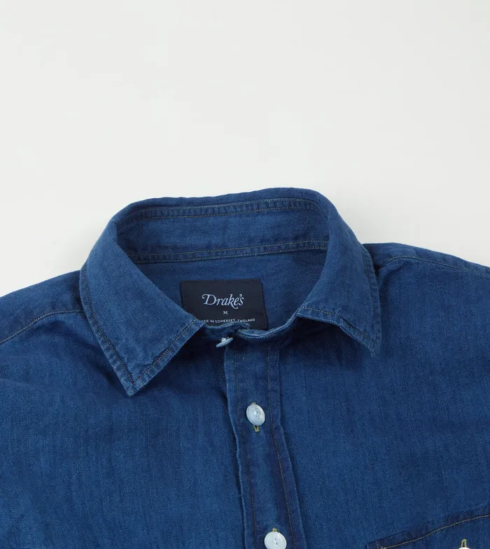 Drake039s Blue Cotton Linen TwoPocket Work Shirt Men Work Shirts
