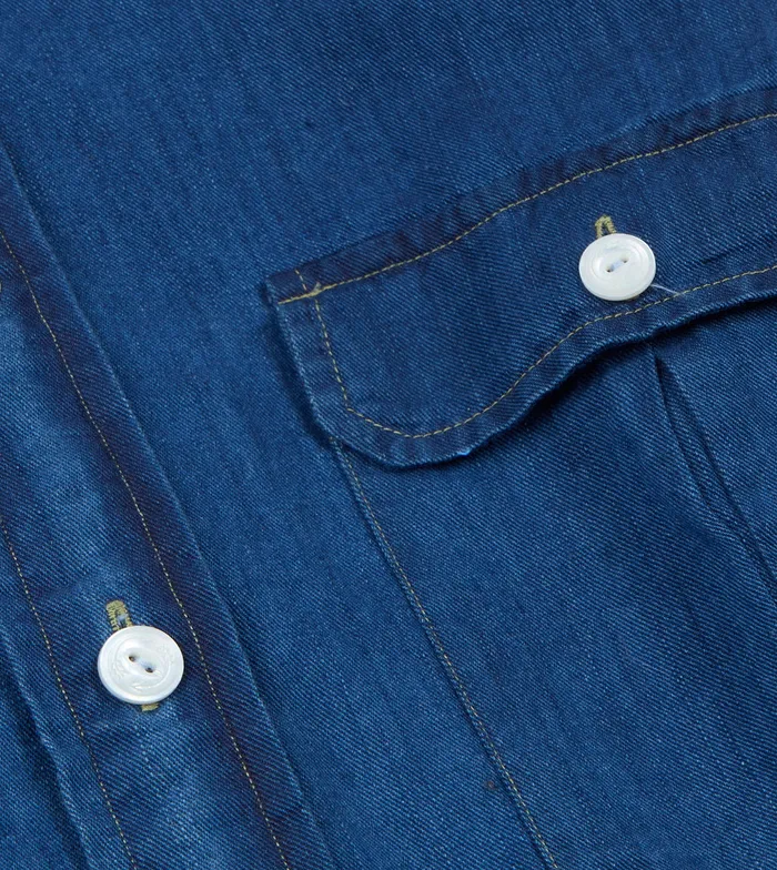 Drake039s Blue Cotton Linen TwoPocket Work Shirt Men Work Shirts