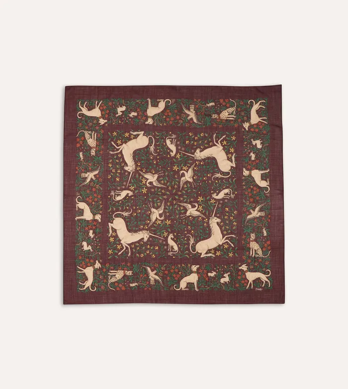 Drake039s Burgundy Unicorn Print WoolSilk Square Scarf Men Scarves