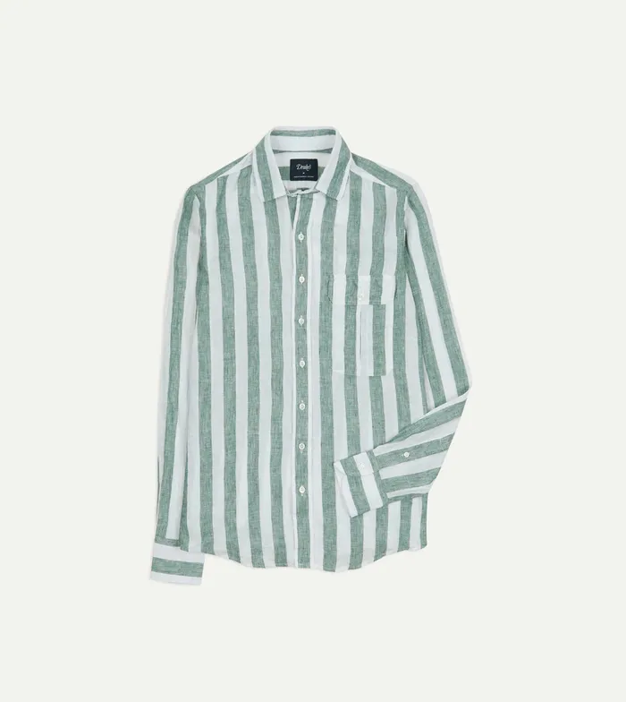 Drake039s Green And White Broad Stripe Linen Spread Collar Shirt Men Linen Shirts Drake039s Green And White Broad Stripe Linen Spread Collar Shirt Men Linen Shirts