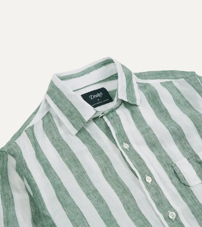 Drake039s Green And White Broad Stripe Linen Spread Collar Shirt Men Linen Shirts