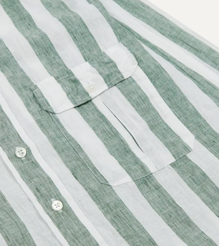 Drake039s Green And White Broad Stripe Linen Spread Collar Shirt Men Linen Shirts