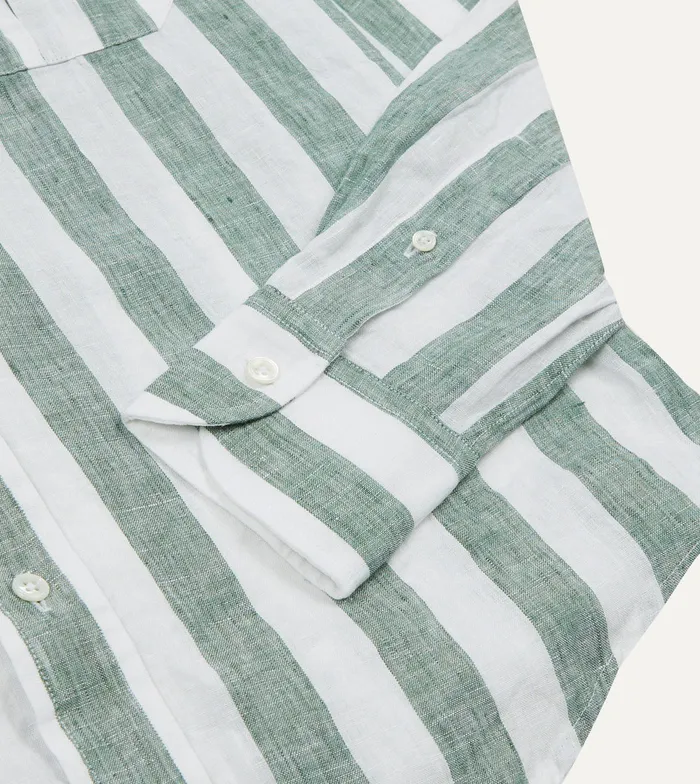 Drake039s Green And White Broad Stripe Linen Spread Collar Shirt Men Linen Shirts