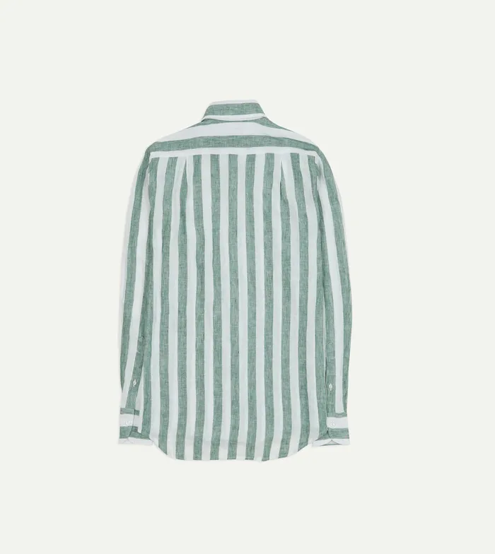 Drake039s Green And White Broad Stripe Linen Spread Collar Shirt Men Linen Shirts