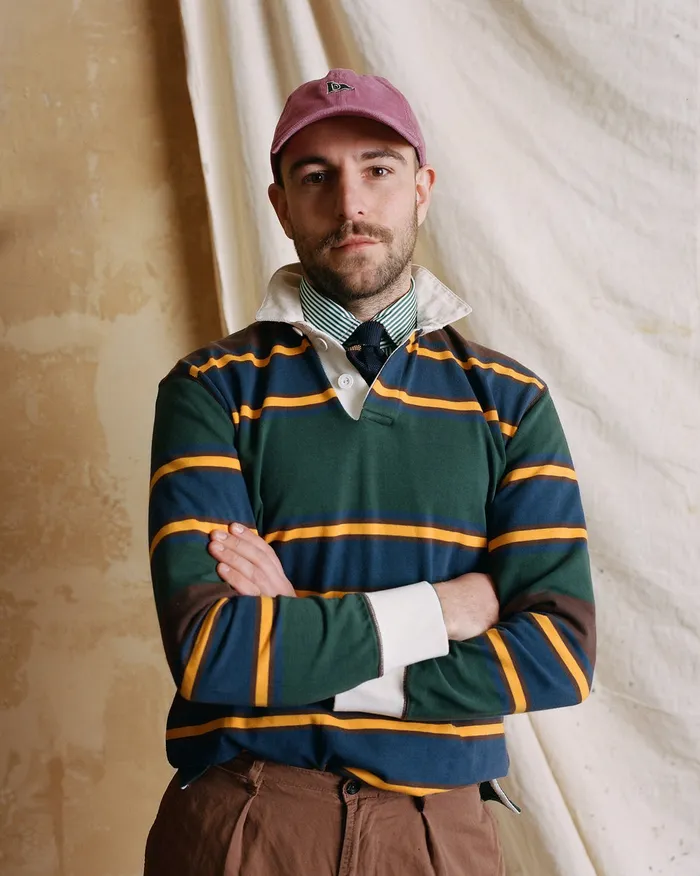 Drake039s Green Navy And Gold Stripe Cotton Rugby Shirt Men Polos and Sweatshirts