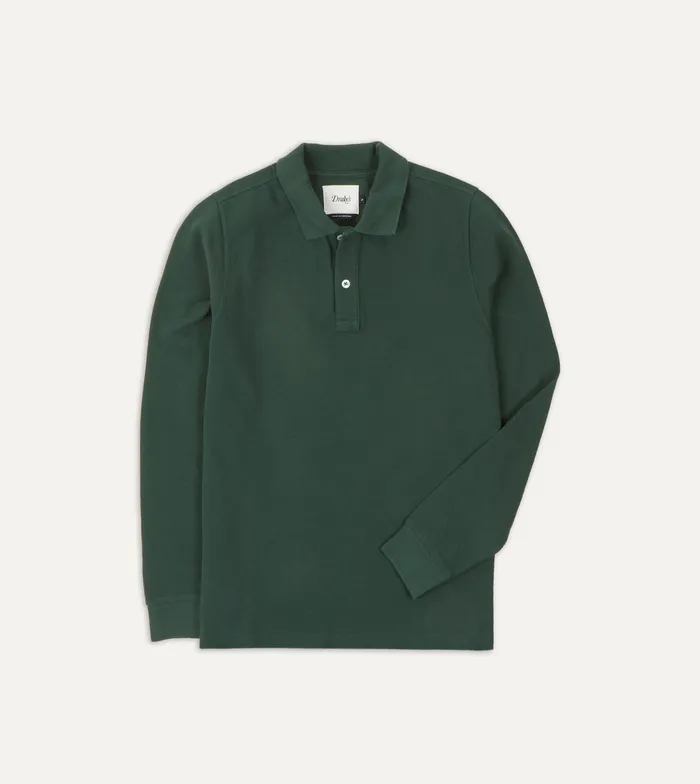 Drake039s Green Pique Cotton LongSleeve Polo Shirt Men Polos and Sweatshirts