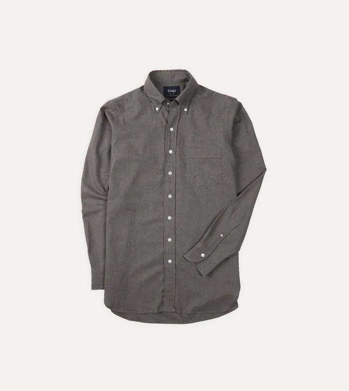 Drake039s Grey Cotton Flannel ButtonDown Shirt Men Plain Shirts