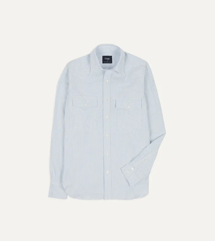 Drake039s Light Blue Stripe Cotton Oxford TwoPocket Western Shirt Men Formal Shirts Drake039s Light Blue Stripe Cotton Oxford TwoPocket Western Shirt Men Formal Shirts
