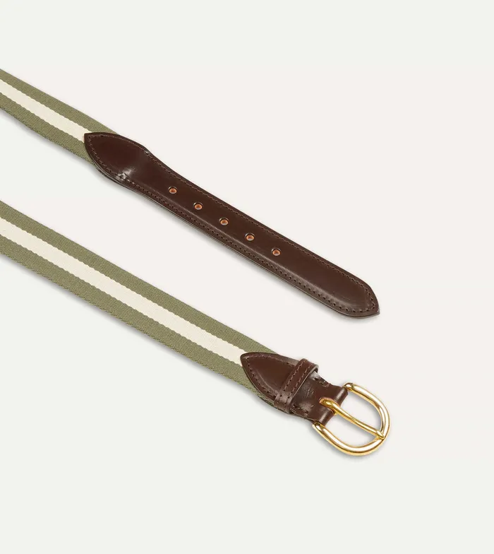 Drake039s Olive And Ecru Stripe Webbing And Leather Belt With Brass Buckle Men Belts