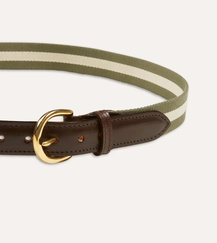Drake039s Olive And Ecru Stripe Webbing And Leather Belt With Brass Buckle Men Belts