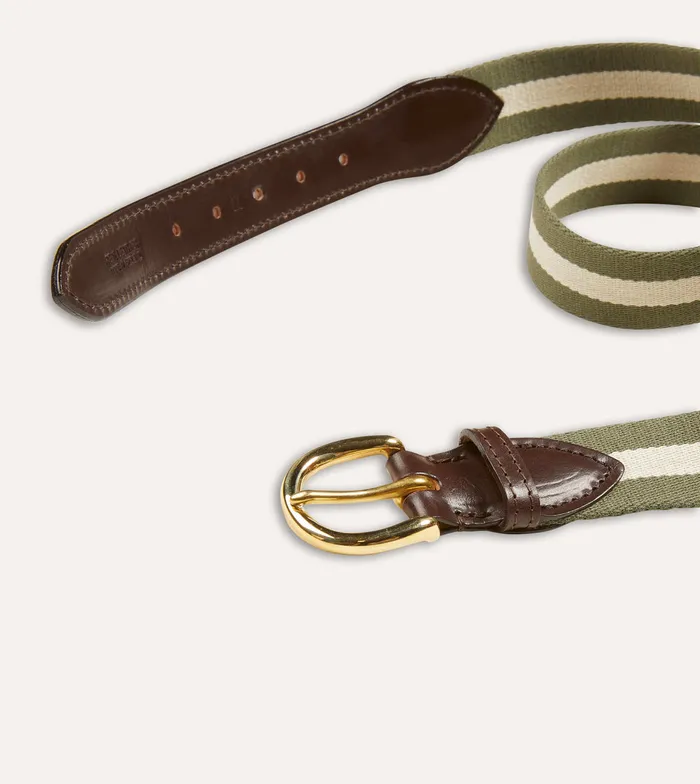 Drake039s Olive And Ecru Stripe Webbing And Leather Belt With Brass Buckle Men Belts