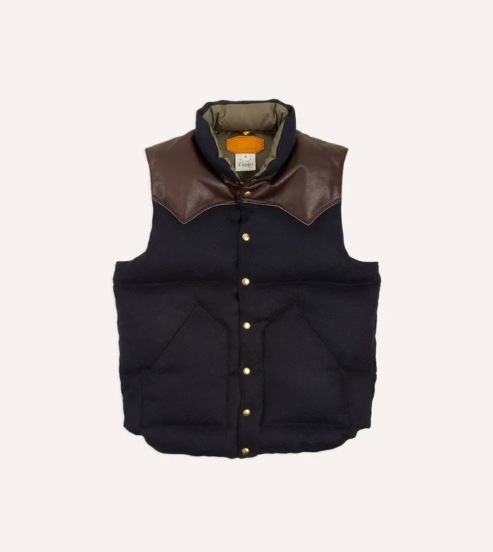 Drake039s Rocky Mountain Featherbed For Navy Harris Tweed Leather Christy Down Vest Men Coats and Jackets