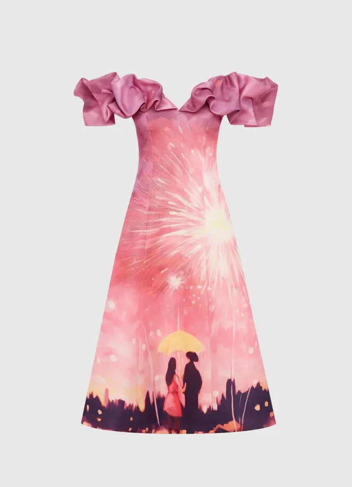 Dresses and Jumpsuits Women LEO LIN Annie Off Shoulder Frill Midi Dress 8211 Afterglow Print Dresses and Jumpsuits Women LEO LIN Annie Off Shoulder Frill Midi Dress 8211 Afterglow Print