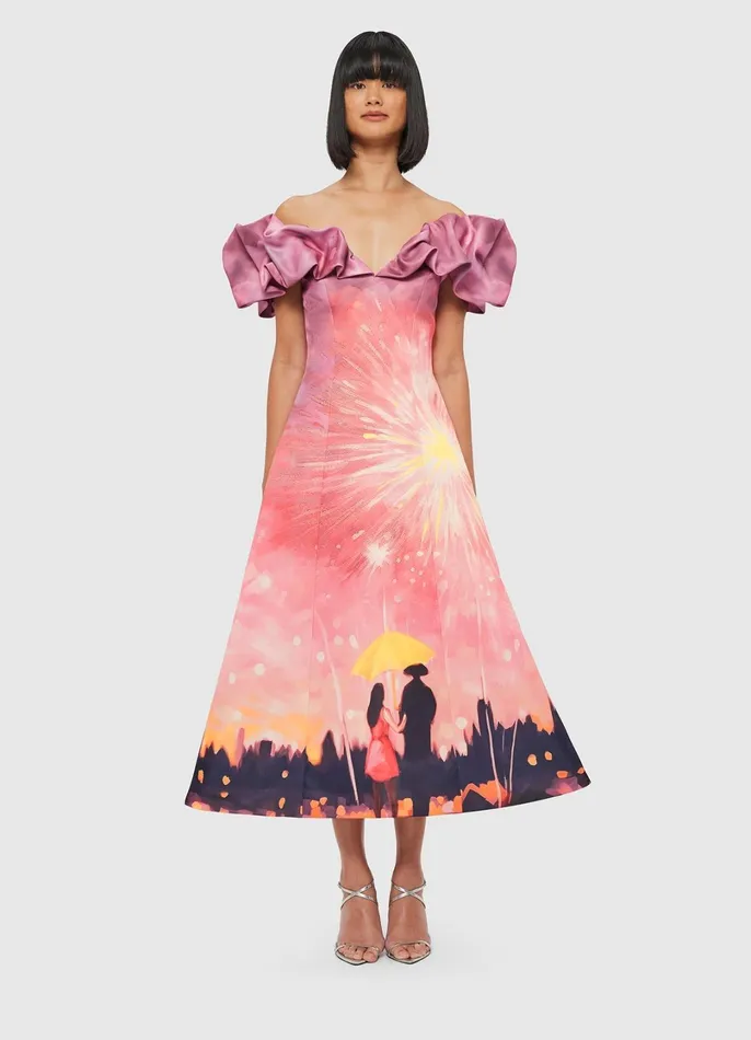Dresses and Jumpsuits Women LEO LIN Annie Off Shoulder Frill Midi Dress 8211 Afterglow Print