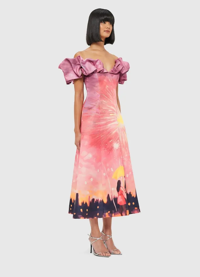 Dresses and Jumpsuits Women LEO LIN Annie Off Shoulder Frill Midi Dress 8211 Afterglow Print