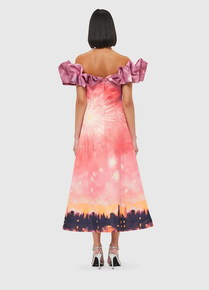 Dresses and Jumpsuits Women LEO LIN Annie Off Shoulder Frill Midi Dress 8211 Afterglow Print