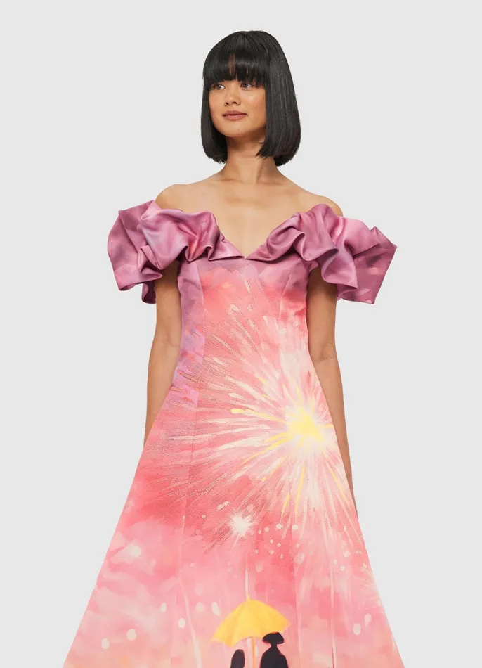 Dresses and Jumpsuits Women LEO LIN Annie Off Shoulder Frill Midi Dress 8211 Afterglow Print