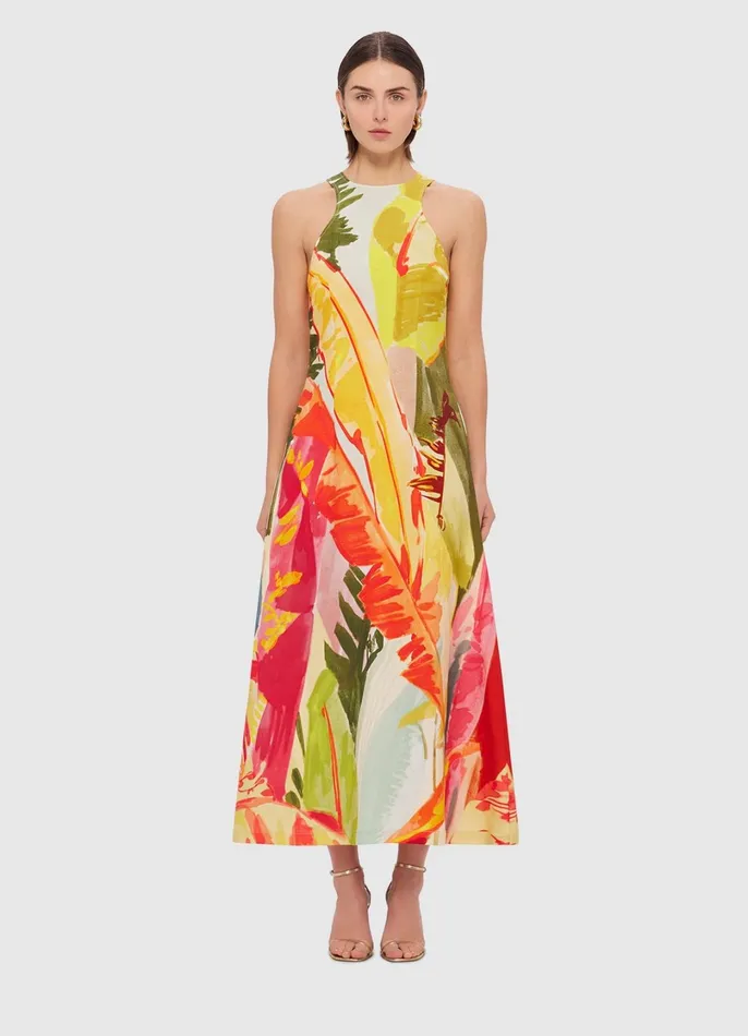 Dresses and Jumpsuits Women LEO LIN Giselle Racer Neck Midi Dress 8211 Rainforest Print