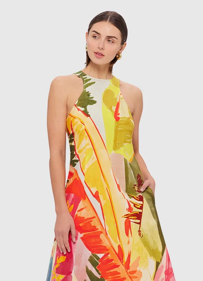 Dresses and Jumpsuits Women LEO LIN Giselle Racer Neck Midi Dress 8211 Rainforest Print