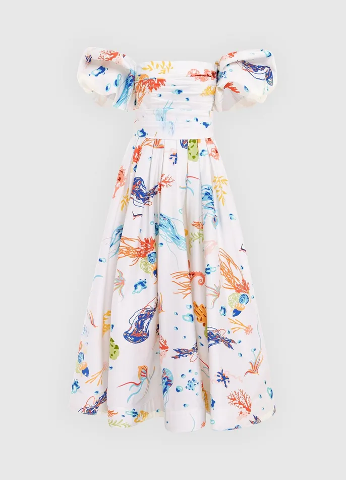 Dresses and Jumpsuits Women LEO LIN Matilda Puff Sleeve Midi Dress 8211 Twilight Print In White Dresses and Jumpsuits Women LEO LIN Matilda Puff Sleeve Midi Dress 8211 Twilight Print In White