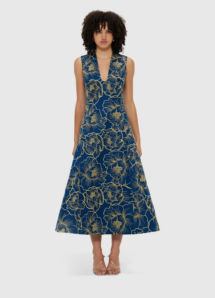 Dresses and Jumpsuits Women LEO LIN Nicola V Neck Midi Dress 8211 Marine Blue