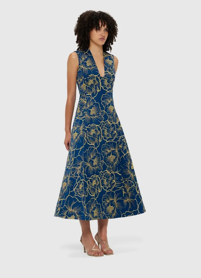 Dresses and Jumpsuits Women LEO LIN Nicola V Neck Midi Dress 8211 Marine Blue