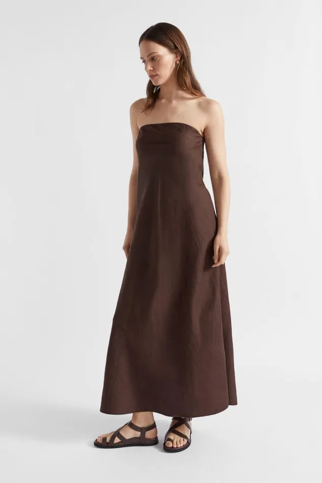 Dresses Woman Seed Heritage Core Linen Strapless Maxi Dress Deep Raisin