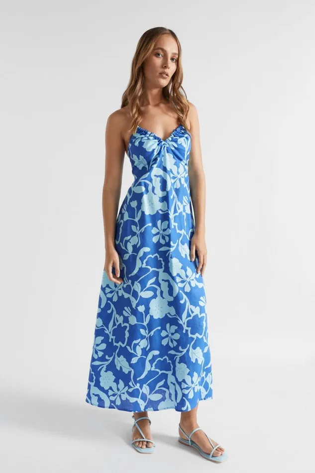 Dresses Woman Seed Heritage Linen Floral Halter Dress Deep Ocean Floral