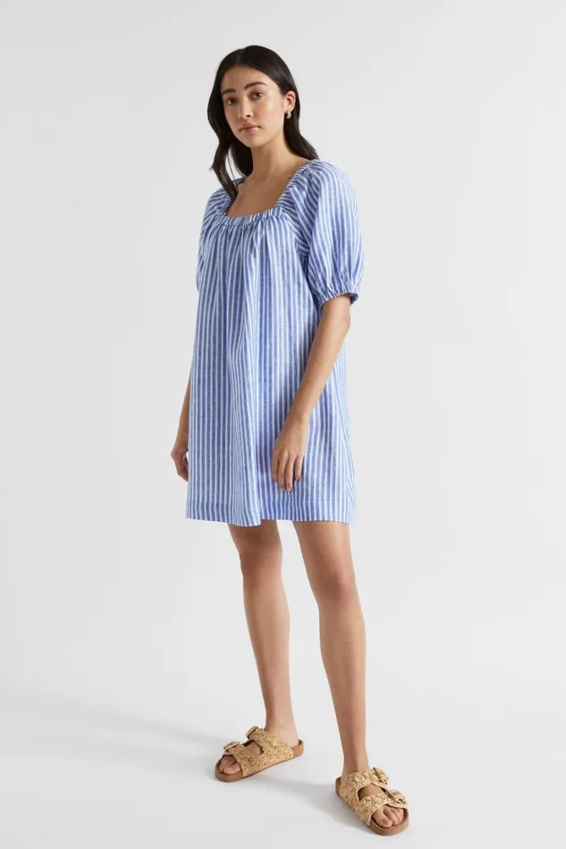 Dresses Woman Seed Heritage Linen Stripe Mini Dress Deep Ocean Stripe