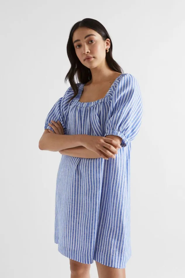 Dresses Woman Seed Heritage Linen Stripe Mini Dress Deep Ocean Stripe