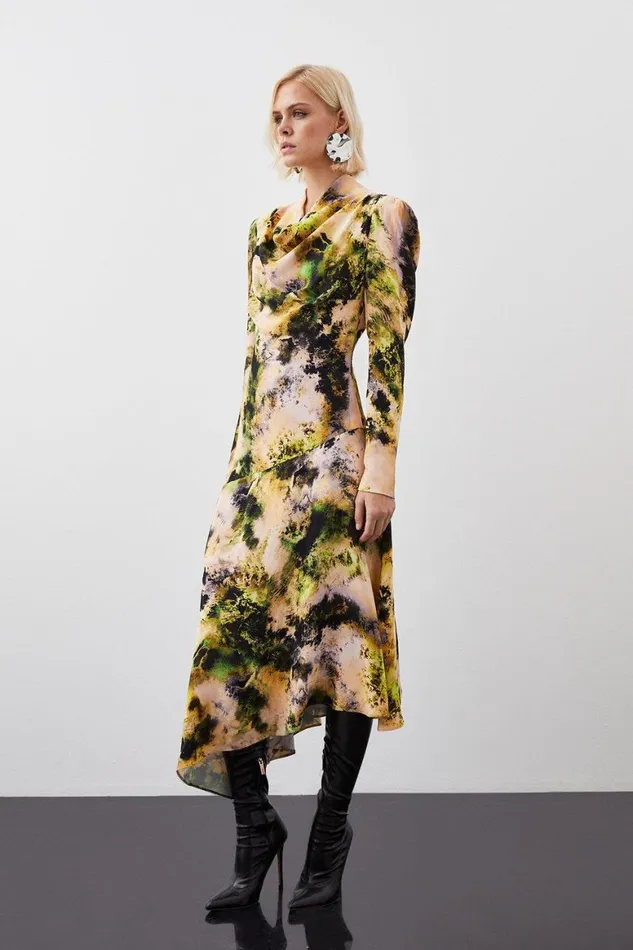 Dresses Women Karen Millen Abstract Print Viscose Satin Asymmetric Woven Maxi Dress Multi