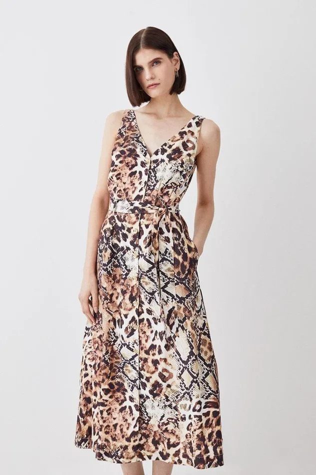 Dresses Women Karen Millen Animal Print Belted Premium Linen Woven Midi Dress Animal Dresses Women Karen Millen Animal Print Belted Premium Linen Woven Midi Dress Animal