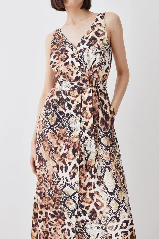 Dresses Women Karen Millen Animal Print Belted Premium Linen Woven Midi Dress Animal