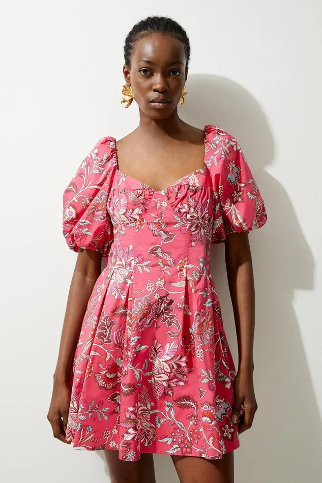 Dresses Women Karen Millen Batik Floral Printed Cotton Woven Mini Dress Pink