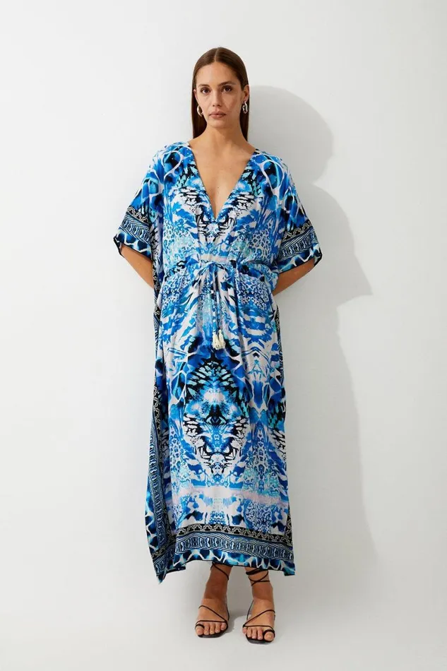 Dresses Women Karen Millen Beach Mirrored Animal Kimono Midi Dress Blue