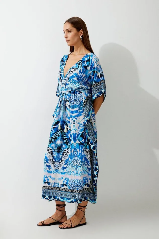 Dresses Women Karen Millen Beach Mirrored Animal Kimono Midi Dress Blue