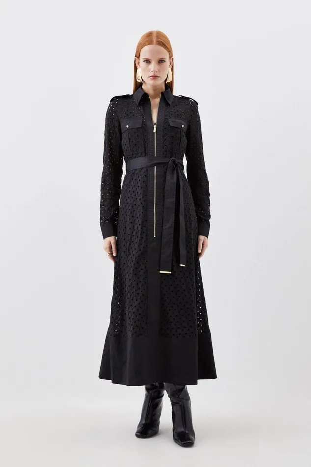Dresses Women Karen Millen Broderie Cotton Mix Zip Woven Midi Dress Black