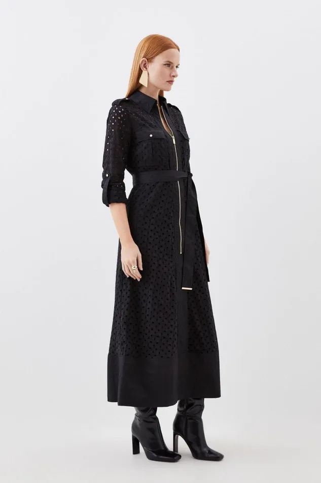 Dresses Women Karen Millen Broderie Cotton Mix Zip Woven Midi Dress Black