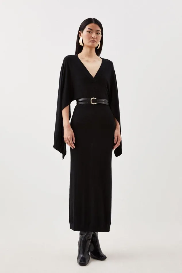 Dresses Women Karen Millen Cashmere Blend V Neck Drama Sleeve Midaxi Knit Dress Black