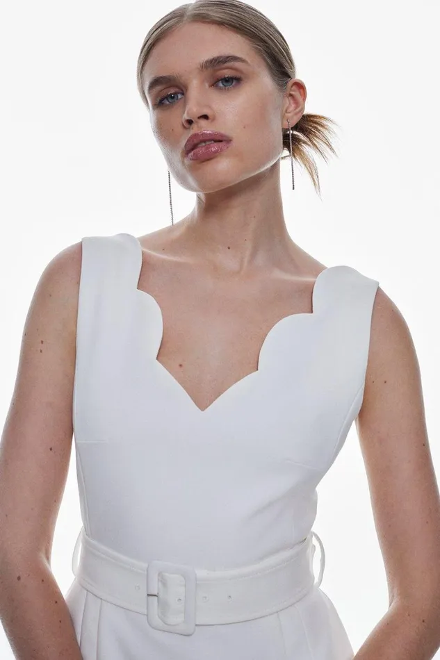 Dresses Women Karen Millen Clean Tailored Scallop Detail Midi Dress Ivory