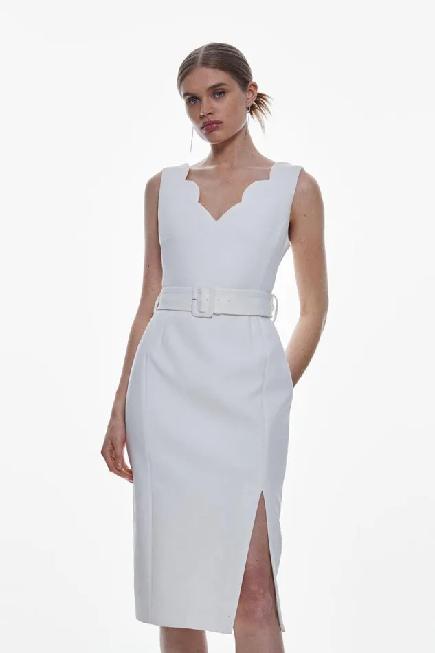 Dresses Women Karen Millen Clean Tailored Scallop Detail Midi Dress Ivory